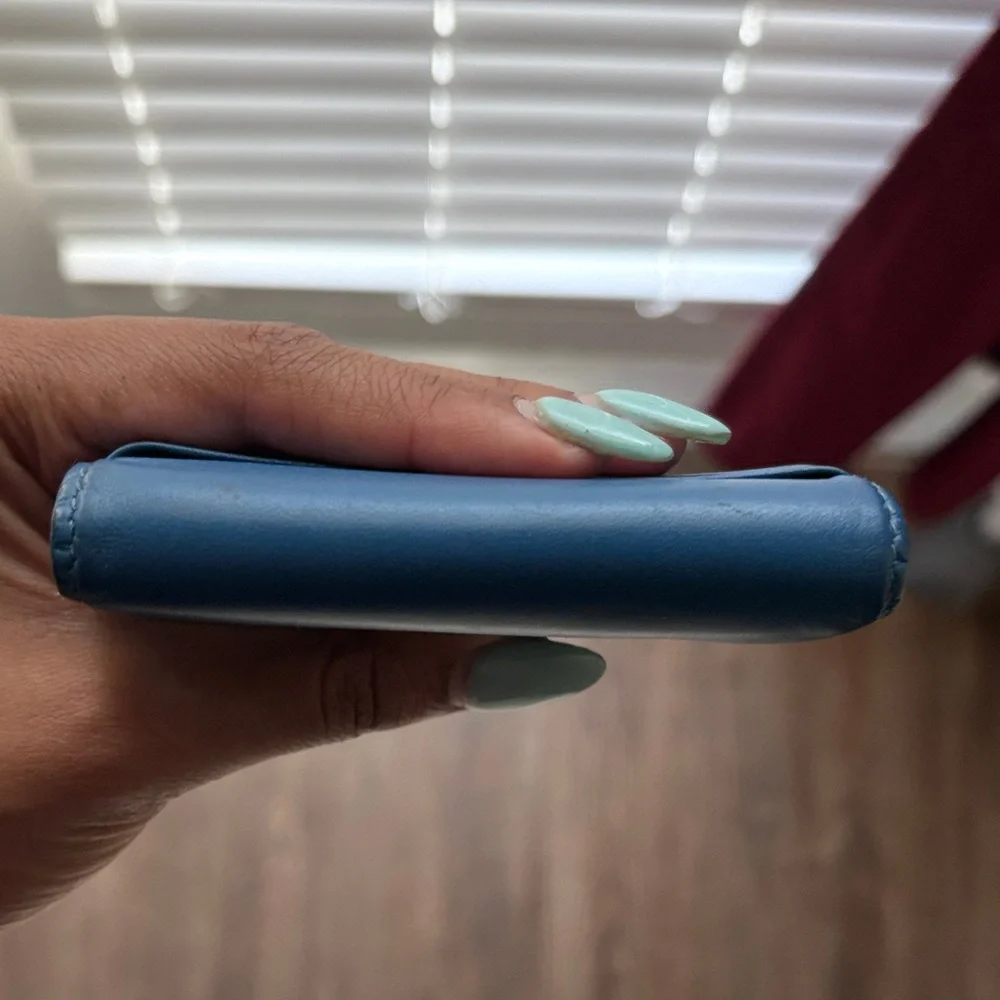 Balenciaga Teal Blue Leather Card Holder with White Logo